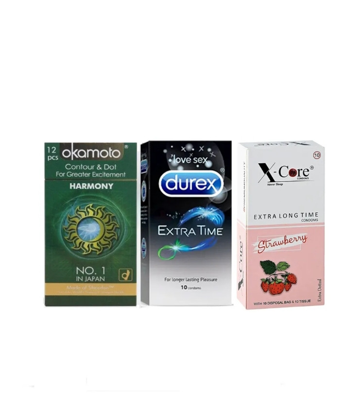 Durex Game On Combo 3x10 = 30Pcs Condom - Durex Extra Time 10s + Okamoto Harmony Dotted 10s + Xcore Strawberry 10s ((34)