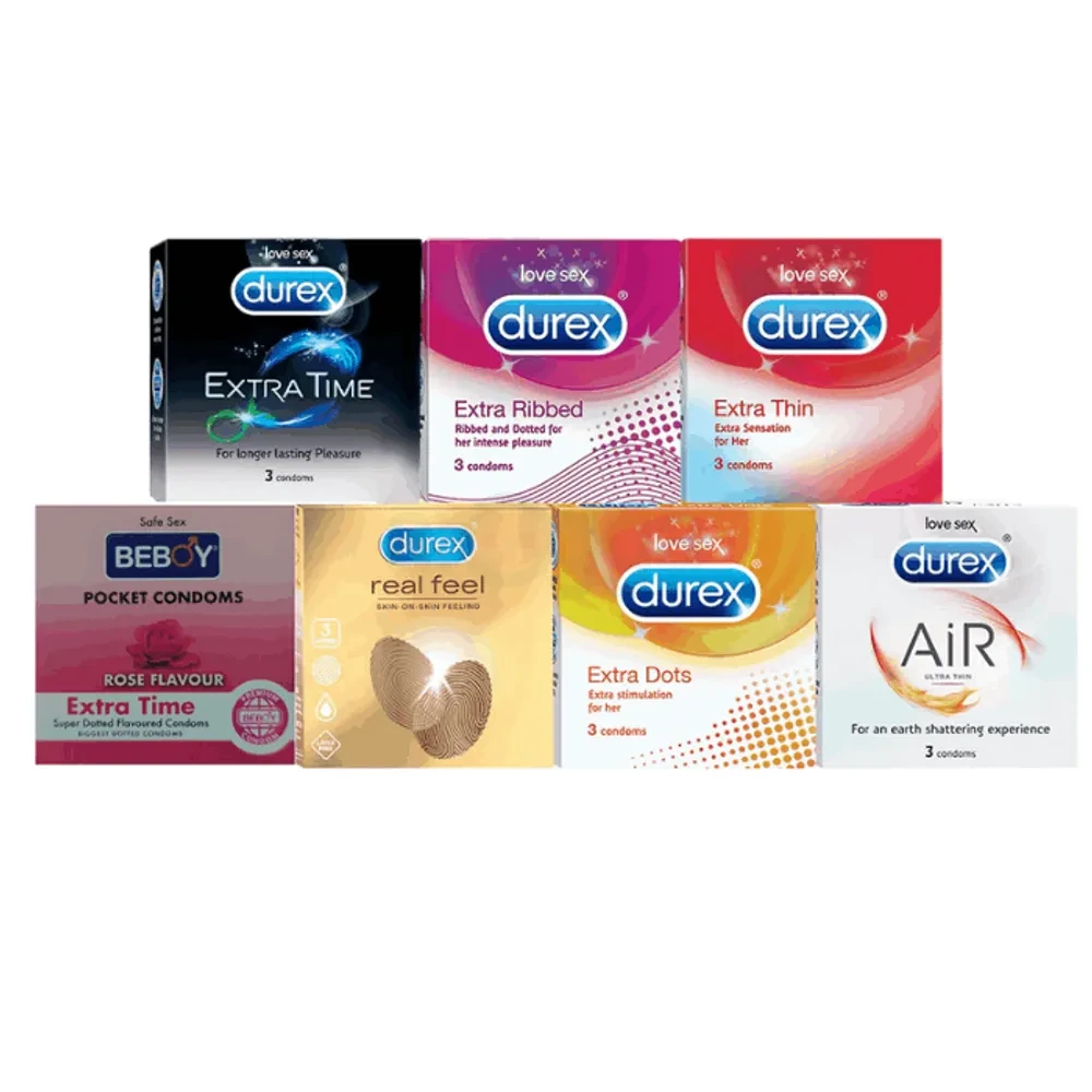 Durex Closer Sensation Combo Pack of 3x7 = 21Pcs Condom - Real Feel 3s, Air 3s, Extra Dots 3s, Extra Ribbed 3s, Extra Thin 3s, Beboy Rose 3s, Extra Time 3s (16)
