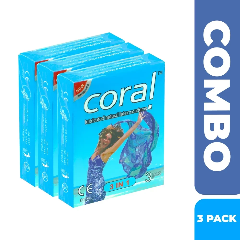 Coral - 3 in 1 Lubricated Natural Latex Condom - Combo Pack - 3 Packs - 9pcs