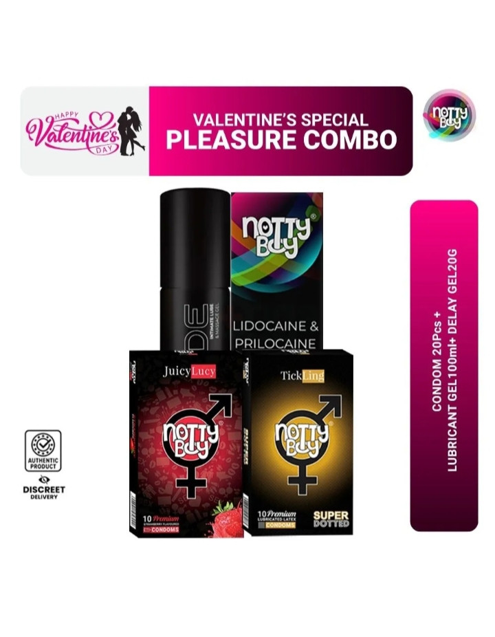 NottyBoy Valentine's Special Pleasure Combo Pack = Nottyboy Delay Gel 20g + Lubricant Gel 100ml + Nottyboy Condom Strawberry 10s, Extra Dots 10s